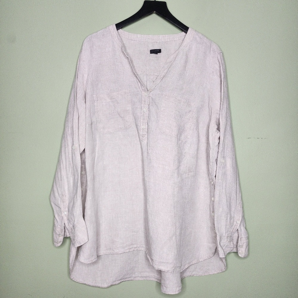 Talbots Plus Size Linen Shirt Coastal Beach Beige Popover Shirt V Neck 2X - Picture 2 of 9